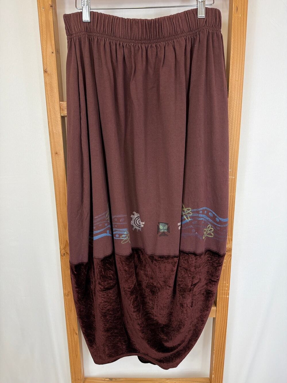 Blue Fish Brick Red Velvet Trim Skirt Hand Printed Pattern Made in USA One Size